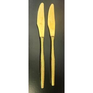 Vintage Florentine Gold Tone Dinner Knives Textured Bark Handle Set of 2